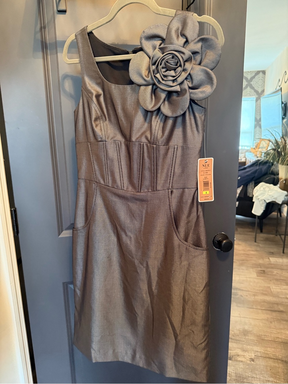Metallic Gray Flower Accent Party Dress